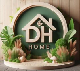 Logotipo circular da DH Home com o desenho de uma casa e folhas verdes, escrito Home logo abaixo.