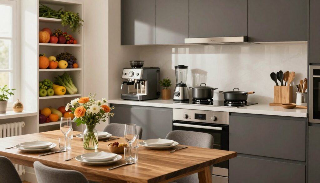 A beautifully arranged Airbnb kitchen showcasing high functionality and modern design. In the foreground, a stylish wooden dining table set for two, adorned with elegant dishware and fresh flowers. The middle features a sleek kitchen counter with state-of-the-art appliances, including a coffee machine, blender, and cookware neatly organized, reflecting a homey yet professional feel. The background highlights a well-stocked pantry with vibrant fruits and herbs, enhancing the sense of abundance. Warm, natural light floods the space from a window, creating a cozy and inviting atmosphere. The image captures the essence of an ideal Airbnb kitchen, blending comfort and practicality, with a slight depth of field focusing on the vibrant details, shot with a 50mm lens for clarity.