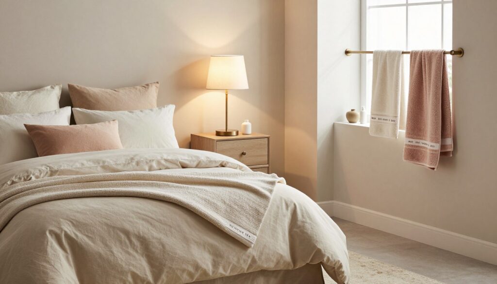 A beautifully arranged bedroom featuring a cozy bedding set from "DH Home & Bio", showcasing soft, natural fabrics in calming earth tones. The bed is adorned with plush pillows and a light throw blanket. Nearby, a tastefully coordinated nightstand with an elegant lamp casts a warm glow, accentuating the tranquil atmosphere. In the bathroom, a luxurious towel set from the same brand hangs neatly on a stylish rack, complemented by a soothing color palette. A soft rug adds comfort underfoot, creating a harmonious space for relaxation. The lighting is soft and inviting, with a focus on creating a serene and comforting mood, using a wide-angle lens to capture the entire setup in a cozy, homey environment.