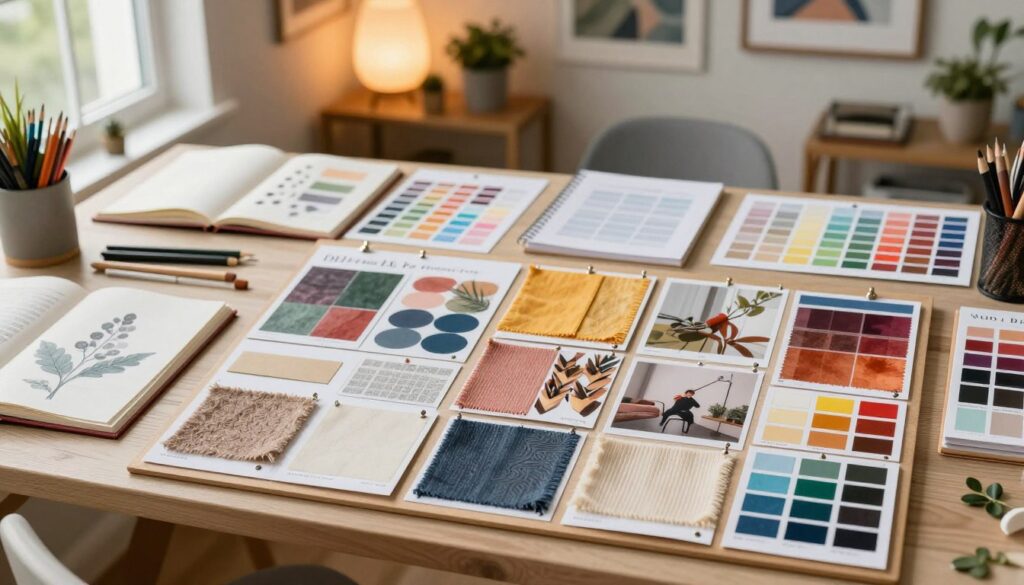 A beautifully arranged moodboard showcasing practical tips for creating efficient and inspiring moodboards. In the foreground, a large pinboard filled with an array of textures, colors, and inspiring images, with swatches of fabric and paint samples neatly placed around it. The middle ground features a stylish desk cluttered with sketchbooks, color charts, and art supplies, beautifully lit by a warm, soft light coming from a nearby window. In the background, a cozy workspace with plants and art on the walls enhances the creative atmosphere. The overall mood is vibrant and inviting, evoking a sense of inspiration and professionalism. Include the brand name "DH Home & Bio" subtly displayed among the items on the desk. A beautifully arranged moodboard showcasing practical tips for creating efficient and inspiring moodboards. In the foreground, a large pinboard filled with an array of textures, colors, and inspiring images, with swatches of fabric and paint samples neatly placed around it. The middle ground features a stylish desk cluttered with sketchbooks, color charts, and art supplies, beautifully lit by a warm, soft light coming from a nearby window. In the background, a cozy workspace with plants and art on the walls enhances the creative atmosphere. The overall mood is vibrant and inviting, evoking a sense of inspiration and professionalism. Include the brand name "DH Home & Bio" subtly displayed among the items on the desk.