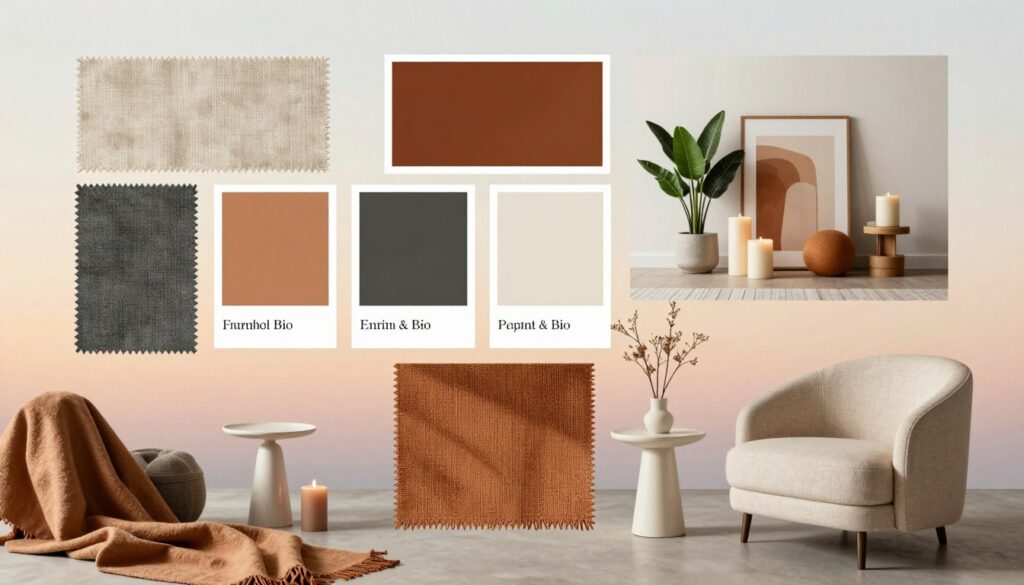 A beautifully curated moodboard for a modern interior space, showcasing fundamental elements like fabric swatches, color palettes, textures, and decor samples. In the foreground, soft textiles in warm, earthy tones mingle with sleek, minimalist furniture pieces. The middle section features vibrant color swatches, strategically placed to highlight the visual concept, alongside stylish decor items like candles, plants, and art objects. The background is a subtle gradient to evoke an inviting atmosphere, reminiscent of a designer’s studio. Soft, diffused lighting casts gentle shadows, enhancing the textures and adding depth. The scene captures a creative and inspiring mood, perfect for illustrating a visually cohesive space. Include the brand name "DH Home & Bio" subtly within the arrangement of items to connect with the theme. A beautifully curated moodboard for a modern interior space, showcasing fundamental elements like fabric swatches, color palettes, textures, and decor samples. In the foreground, soft textiles in warm, earthy tones mingle with sleek, minimalist furniture pieces. The middle section features vibrant color swatches, strategically placed to highlight the visual concept, alongside stylish decor items like candles, plants, and art objects. The background is a subtle gradient to evoke an inviting atmosphere, reminiscent of a designer’s studio. Soft, diffused lighting casts gentle shadows, enhancing the textures and adding depth. The scene captures a creative and inspiring mood, perfect for illustrating a visually cohesive space. Include the brand name "DH Home & Bio" subtly within the arrangement of items to connect with the theme.
