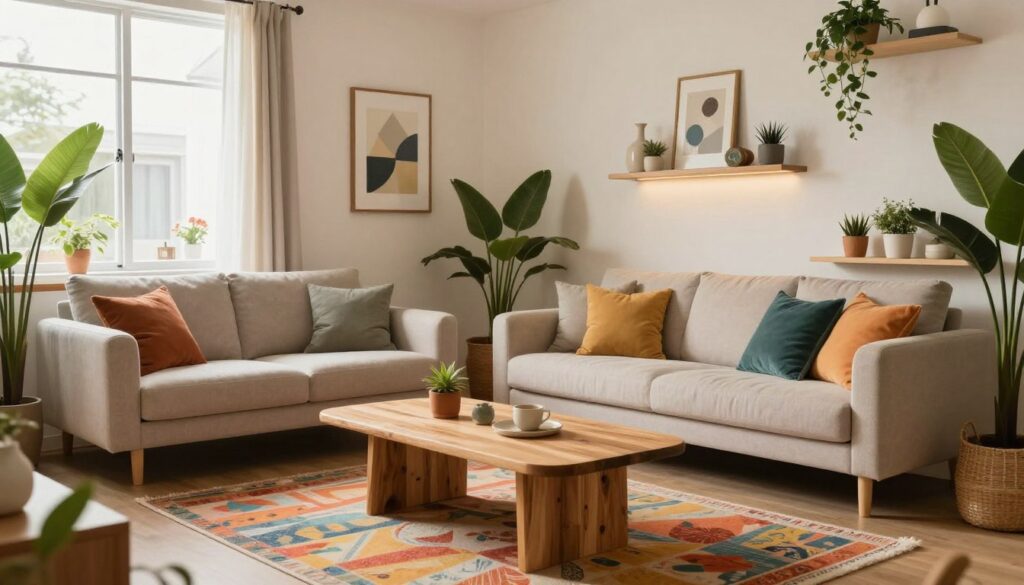 A beautifully designed living space showcasing intelligent furniture and decorative elements that reflect a modern and cozy atmosphere, ideal for an Airbnb rental. In the foreground, a stylish, minimalist couch adorned with colorful throw pillows complements a chic coffee table made of natural wood. In the middle, a vibrant area rug anchors the space, surrounded by potted plants and decorative art pieces that add character. In the background, softly lit walls feature framed artwork and shelves with curated items. The lighting is warm and inviting, creating a welcoming ambiance, with natural light filtering in through large windows. The scene embodies the essence of effective home staging by "DH Home & Bio," ensuring a perfect balance of functionality and aesthetic appeal without the presence of any text or people. A beautifully designed living space showcasing intelligent furniture and decorative elements that reflect a modern and cozy atmosphere, ideal for an Airbnb rental. In the foreground, a stylish, minimalist couch adorned with colorful throw pillows complements a chic coffee table made of natural wood. In the middle, a vibrant area rug anchors the space, surrounded by potted plants and decorative art pieces that add character. In the background, softly lit walls feature framed artwork and shelves with curated items. The lighting is warm and inviting, creating a welcoming ambiance, with natural light filtering in through large windows. The scene embodies the essence of effective home staging by "DH Home & Bio," ensuring a perfect balance of functionality and aesthetic appeal without the presence of any text or people.