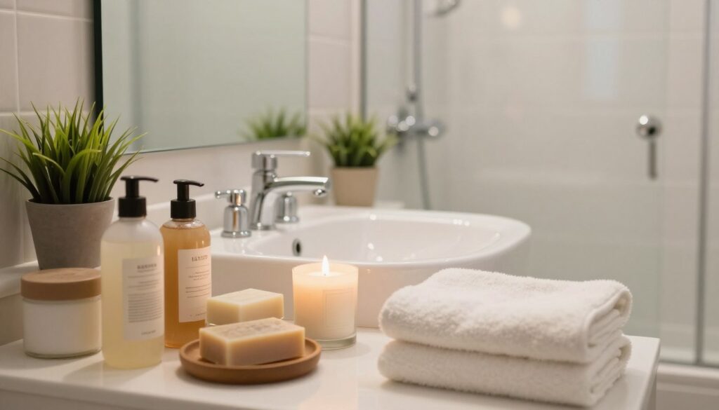 A beautifully organized Airbnb bathroom featuring luxurious amenities. In the foreground, display neatly arranged toiletries in aesthetically pleasing containers, including organic soaps, soft towels, and a stylish candle. The middle layer showcases a sparkling clean sink with polished chrome fixtures and a touch of greenery with a small potted plant. In the background, there is a frosted glass shower with soft, diffused lighting, enhancing the serene atmosphere. Use warm, inviting tones to create a calming mood. The scene is viewed from a slight angle, showcasing the spaciousness and tidiness of the bathroom, inviting guests to feel relaxed and pampered. The lighting should be soft and natural, suggesting a tranquil morning ambiance.
