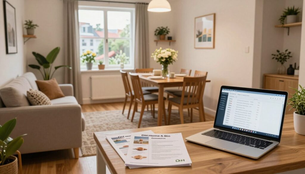 A beautifully organized Airbnb rental space showcasing effective property management strategies. In the foreground, a well-decorated living room with comfortable furniture, neatly arranged rental guides, and a laptop displaying management software. In the middle, a dining area set up for guests, adorned with fresh flowers and welcoming decor. In the background, a tranquil window view of a cityscape or a peaceful neighborhood. Soft, warm lighting fills the space, creating an inviting atmosphere. The scene conveys professionalism and efficiency, with subtle touches of greenery throughout. Incorporate the brand name "DH Home & Bio" in the decor. The lens perspective is slightly elevated, emphasizing the entirety of the harmonious and functional environment.