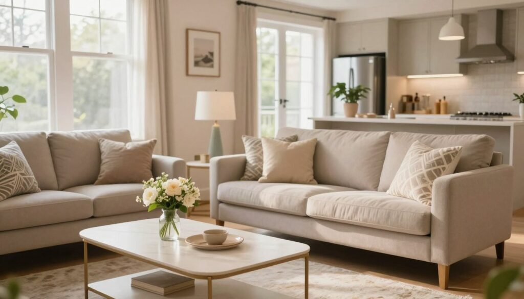 A beautifully staged rental property for Airbnb featuring a cozy, inviting living room. In the foreground, a neatly arranged coffee table with a small vase of fresh flowers, warm lighting creating a welcoming atmosphere. In the middle, a comfortable sofa adorned with decorative cushions, alongside a stylish armchair, both facing a chic coffee table. Through large windows, soft natural light pours in, highlighting the tasteful decor. In the background, hints of an elegant kitchen are visible, showcasing modern appliances and a touch of greenery from potted plants. The overall mood is bright, airy, and professional, ideal for attracting potential guests. Camera angle is slightly elevated, capturing the entire inviting scene without any people present, ensuring the focus is solely on the property’s charm and readiness for rent. A beautifully staged rental property for Airbnb featuring a cozy, inviting living room. In the foreground, a neatly arranged coffee table with a small vase of fresh flowers, warm lighting creating a welcoming atmosphere. In the middle, a comfortable sofa adorned with decorative cushions, alongside a stylish armchair, both facing a chic coffee table. Through large windows, soft natural light pours in, highlighting the tasteful decor. In the background, hints of an elegant kitchen are visible, showcasing modern appliances and a touch of greenery from potted plants. The overall mood is bright, airy, and professional, ideal for attracting potential guests. Camera angle is slightly elevated, capturing the entire inviting scene without any people present, ensuring the focus is solely on the property’s charm and readiness for rent.