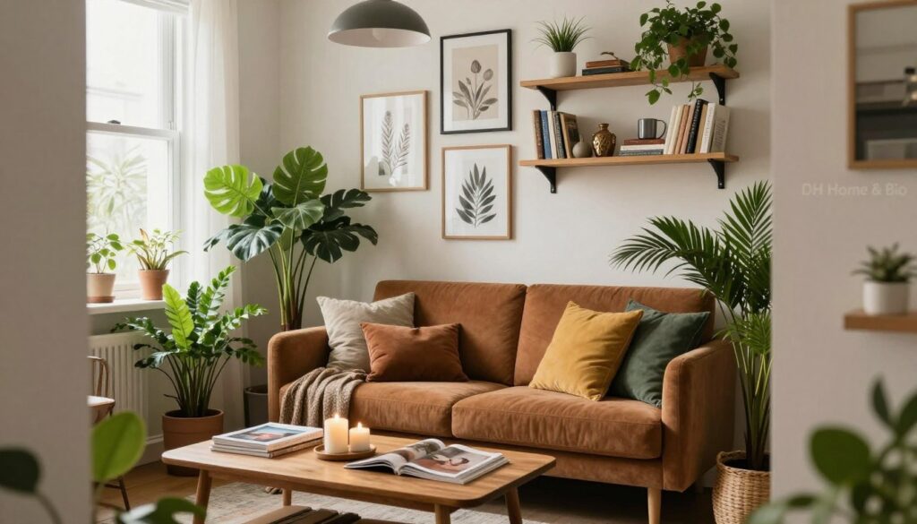 A beautifully styled living space that showcases personal decor inspirations for an Airbnb project, featuring a cozy nook with a modern sofa in earthy tones, surrounded by vibrant indoor plants. In the foreground, a wooden coffee table adorned with design magazines and candles suggests a warm, inviting atmosphere. The middle layer includes a wall adorned with framed art and a stylish bookshelf filled with decorative items and books. The background shows a bright window letting in soft, natural light, enhancing the room's welcoming feel. The scene is framed with a contemporary light fixture, creating an elegant touch. The focus is on creating a harmonious blend of comfort and style, inviting viewers to envision their own decor journey. Include the branding "DH Home & Bio" subtly in the design elements. A beautifully styled living space that showcases personal decor inspirations for an Airbnb project, featuring a cozy nook with a modern sofa in earthy tones, surrounded by vibrant indoor plants. In the foreground, a wooden coffee table adorned with design magazines and candles suggests a warm, inviting atmosphere. The middle layer includes a wall adorned with framed art and a stylish bookshelf filled with decorative items and books. The background shows a bright window letting in soft, natural light, enhancing the room's welcoming feel. The scene is framed with a contemporary light fixture, creating an elegant touch. The focus is on creating a harmonious blend of comfort and style, inviting viewers to envision their own decor journey. Include the branding "DH Home & Bio" subtly in the design elements.