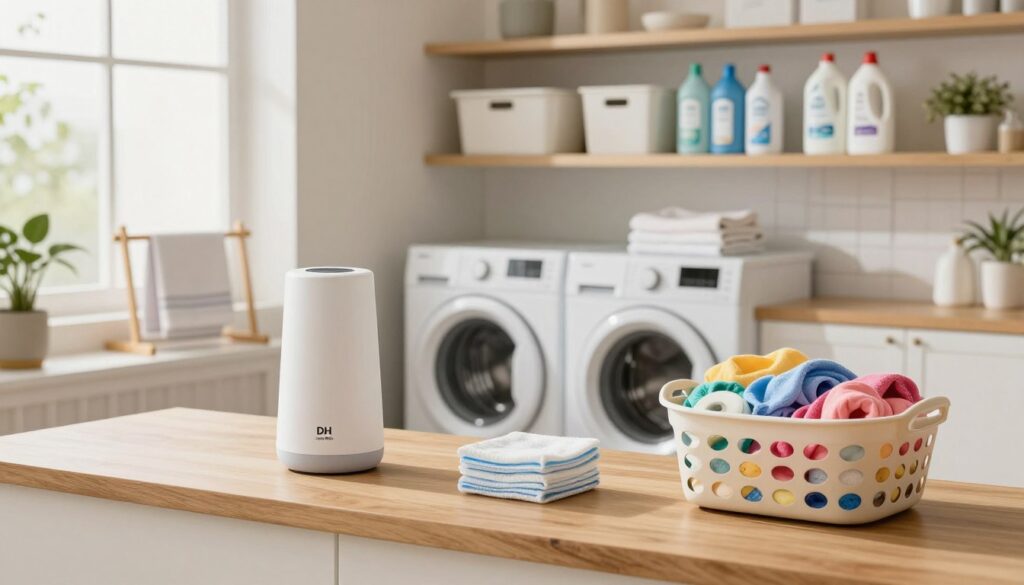 A bright and organized laundry room featuring essential laundry products. In the foreground, a neatly arranged wooden countertop with a modern detergent dispenser, a roll of eco-friendly dryer sheets, and a basket filled with colorful laundry. In the middle, a sleek washing machine and dryer pair, with a towel rack displaying freshly folded towels. In the background, shelves adorned with labeled storage bins containing fabric softeners, stain removers, and cleaning supplies. Soft natural light coming through a window creates a warm and inviting atmosphere, highlighting the clean lines and minimalist decor. A subtle touch of greenery with a potted plant adds freshness. The brand "DH Home & Bio" is subtly integrated into the scene with a small product label.