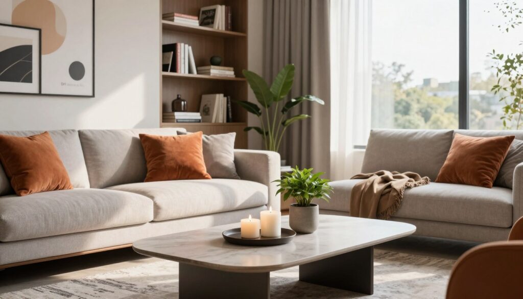 A contemporary interior design scene showcasing a stylish living room within an Airbnb project. In the foreground, a modern coffee table with a few elegant decorative items like candles and a small potted plant. The middle ground features a cozy sofa adorned with cushions in warm tones, and a designer rug that pulls the space together. A large window floods the room with natural light, casting soft shadows and creating a welcoming atmosphere. In the background, a well-organized bookshelf displays artistic pieces and travel books. The overall mood is inviting and sophisticated, emphasizing comfort and functionality for guests. The color palette includes neutral shades with pops of vibrant color. Include a subtle logo of "DH Home & Bio" somewhere within the design elements, ensuring it integrates well with the decor. A contemporary interior design scene showcasing a stylish living room within an Airbnb project. In the foreground, a modern coffee table with a few elegant decorative items like candles and a small potted plant. The middle ground features a cozy sofa adorned with cushions in warm tones, and a designer rug that pulls the space together. A large window floods the room with natural light, casting soft shadows and creating a welcoming atmosphere. In the background, a well-organized bookshelf displays artistic pieces and travel books. The overall mood is inviting and sophisticated, emphasizing comfort and functionality for guests. The color palette includes neutral shades with pops of vibrant color. Include a subtle logo of "DH Home & Bio" somewhere within the design elements, ensuring it integrates well with the decor.