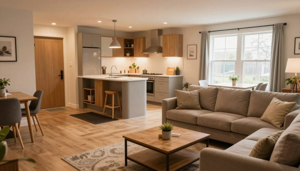 A cozy and inviting Airbnb living space designed with safety and accessibility in mind. In the foreground, a well-lit, wide-open room featuring a comfortable sofa and a sturdy coffee table, all arranged to facilitate movement. In the middle, a stylish kitchen with safety features like rounded counters and accessible storage, ensuring ease for all guests. A welcoming entrance, equipped with a ramp, symbolizes accessibility. In the background, a large window allows natural light to flood the space, enhancing the warm atmosphere. The mood is serene and welcoming, suggesting a safe environment for guests. Soft, ambient lighting complements the warm color palette. Overall composition is inviting, emphasizing comfort and security for all visitors.