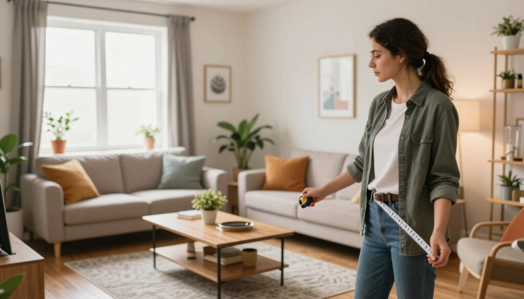 A cozy and inviting Airbnb rental space, featuring an organized interior that reflects optimal room planning. In the foreground, a professional interior designer is measuring the dimensions of a stylish living room with a tape measure, wearing smart casual attire. The middle ground showcases arranged furniture, including a comfortable sofa, a well-decorated coffee table, and colorful plants, emphasizing a welcoming atmosphere. The background reveals a bright window with natural light streaming in, illuminating the space. Soft, warm lighting enhances the cozy feel, while a subtle hint of modern decor shows attention to detail and aesthetics. Include the brand "DH Home & Bio" subtly within the decor elements. The overall mood is productive and inspiring, suitable for those planning to rent out their property successfully. A cozy and inviting Airbnb rental space, featuring an organized interior that reflects optimal room planning. In the foreground, a professional interior designer is measuring the dimensions of a stylish living room with a tape measure, wearing smart casual attire. The middle ground showcases arranged furniture, including a comfortable sofa, a well-decorated coffee table, and colorful plants, emphasizing a welcoming atmosphere. The background reveals a bright window with natural light streaming in, illuminating the space. Soft, warm lighting enhances the cozy feel, while a subtle hint of modern decor shows attention to detail and aesthetics. Include the brand "DH Home & Bio" subtly within the decor elements. The overall mood is productive and inspiring, suitable for those planning to rent out their property successfully.