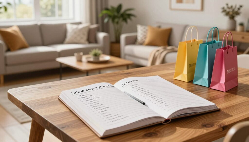 A cozy and inviting scene showcasing a well-organized shopping list for a new home, titled "Lista de Compras para Casa Nova." In the foreground, a stylish wooden table displays an open notebook filled with neatly written items like furniture, bedding, appliances, and decor. A colorful assortment of shopping bags from "DH Home & Bio" can be seen, emphasizing a chic shopping experience. The middle ground features a softly lit living room adorned with tasteful home décor, including a comfortable sofa, decorative cushions, and potted plants. In the background, large windows let in warm natural light, creating a welcoming atmosphere. The overall mood is inspiring and thoughtful, reflecting the excitement of planning a new home. Use a warm color palette with soft shadows and a slight depth of field to enhance focus on the shopping list. A cozy and inviting scene showcasing a well-organized shopping list for a new home, titled "Lista de Compras para Casa Nova." In the foreground, a stylish wooden table displays an open notebook filled with neatly written items like furniture, bedding, appliances, and decor. A colorful assortment of shopping bags from "DH Home & Bio" can be seen, emphasizing a chic shopping experience. The middle ground features a softly lit living room adorned with tasteful home décor, including a comfortable sofa, decorative cushions, and potted plants. In the background, large windows let in warm natural light, creating a welcoming atmosphere. The overall mood is inspiring and thoughtful, reflecting the excitement of planning a new home. Use a warm color palette with soft shadows and a slight depth of field to enhance focus on the shopping list.