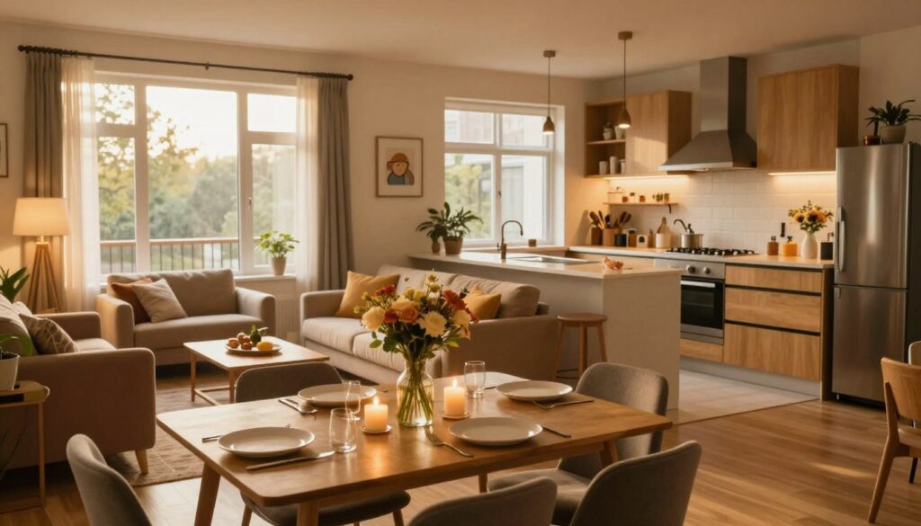 A cozy, modern Airbnb living space designed for exceptional guest experiences. In the foreground, a neatly arranged table set for two, with a welcoming bouquet of flowers and soft candlelight. The middle layer features a stylish living room with plush furniture and warm, inviting colors, accentuated by natural light streaming through large windows. In the background, a tastefully decorated kitchen with contemporary amenities and playful decor elements, showcasing an air of comfort and sophistication. The scene is lit by warm amber hues, creating an inviting and relaxed atmosphere, perfect for showcasing hospitality. Capture this from a slight angling perspective to emphasize depth, inviting viewers into the space. A cozy, modern Airbnb living space designed for exceptional guest experiences. In the foreground, a neatly arranged table set for two, with a welcoming bouquet of flowers and soft candlelight. The middle layer features a stylish living room with plush furniture and warm, inviting colors, accentuated by natural light streaming through large windows. In the background, a tastefully decorated kitchen with contemporary amenities and playful decor elements, showcasing an air of comfort and sophistication. The scene is lit by warm amber hues, creating an inviting and relaxed atmosphere, perfect for showcasing hospitality. Capture this from a slight angling perspective to emphasize depth, inviting viewers into the space.