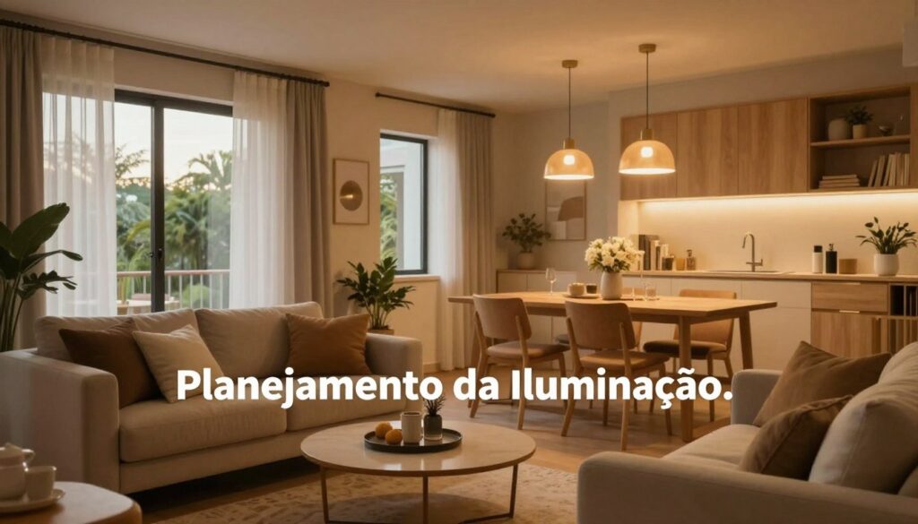 A cozy, modern interior space designed for an Airbnb, reflecting the theme of "Planejamento da Iluminação." In the foreground, a stylish lounge area features a plush sofa and elegant coffee table surrounded by warm, ambient lighting from chic pendant lights above. The middle ground showcases a well-lit dining area with a wooden table, surrounded by soft, indirect lighting enhancing the atmosphere. The background includes large windows allowing natural light to filter through sheer curtains, revealing a tranquil outdoor view. The scene conveys a warm, inviting ambiance perfect for relaxation. Use a warm color palette with soft shadows and highlights to enhance the emotional appeal. The design should reflect DH Home & Bio’s aesthetic of harmony and comfort. A cozy, modern interior space designed for an Airbnb, reflecting the theme of "Planejamento da Iluminação." In the foreground, a stylish lounge area features a plush sofa and elegant coffee table surrounded by warm, ambient lighting from chic pendant lights above. The middle ground showcases a well-lit dining area with a wooden table, surrounded by soft, indirect lighting enhancing the atmosphere. The background includes large windows allowing natural light to filter through sheer curtains, revealing a tranquil outdoor view. The scene conveys a warm, inviting ambiance perfect for relaxation. Use a warm color palette with soft shadows and highlights to enhance the emotional appeal. The design should reflect DH Home & Bio’s aesthetic of harmony and comfort.
