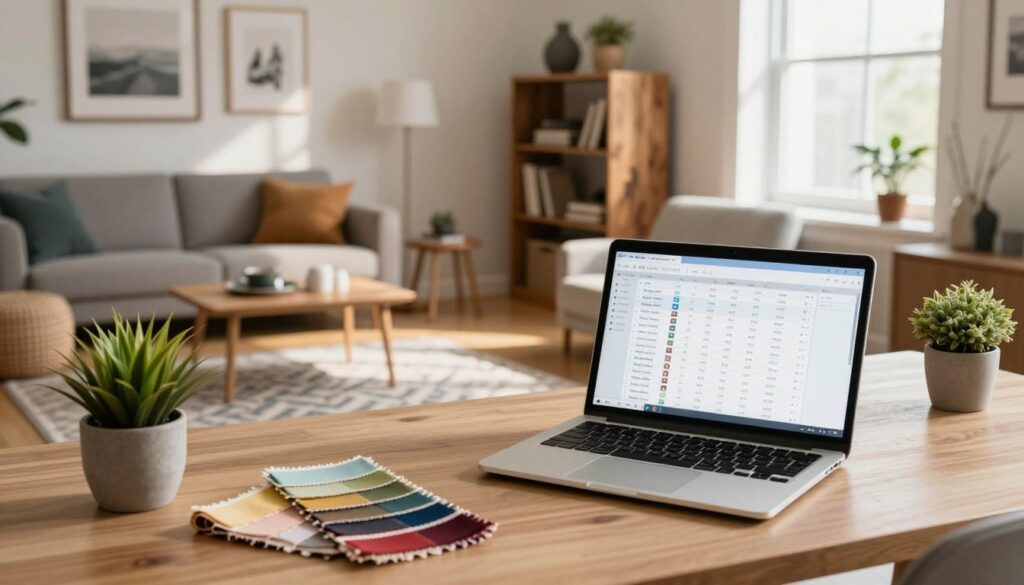 A cozy, stylish interior design scene showcasing budget-friendly decorating tips. In the foreground, a well-organized workspace with a laptop open displaying a budgeting spreadsheet, colorful swatches of fabric, and a small potted plant. The middle ground features a beautifully decorated living room with a mix of affordable decor items, including a chic rug, thrifted artwork on the walls, and a DIY bookshelf made from reclaimed wood. In the background, a bright window allows natural light to pour in, highlighting the warm color palette and inviting atmosphere. Soft, ambient lighting casts gentle shadows, creating a professional yet creative mood. Incorporate the brand name "DH Home & Bio" subtly in the decor items without text. A cozy, stylish interior design scene showcasing budget-friendly decorating tips. In the foreground, a well-organized workspace with a laptop open displaying a budgeting spreadsheet, colorful swatches of fabric, and a small potted plant. The middle ground features a beautifully decorated living room with a mix of affordable decor items, including a chic rug, thrifted artwork on the walls, and a DIY bookshelf made from reclaimed wood. In the background, a bright window allows natural light to pour in, highlighting the warm color palette and inviting atmosphere. Soft, ambient lighting casts gentle shadows, creating a professional yet creative mood. Incorporate the brand name "DH Home & Bio" subtly in the decor items without text.