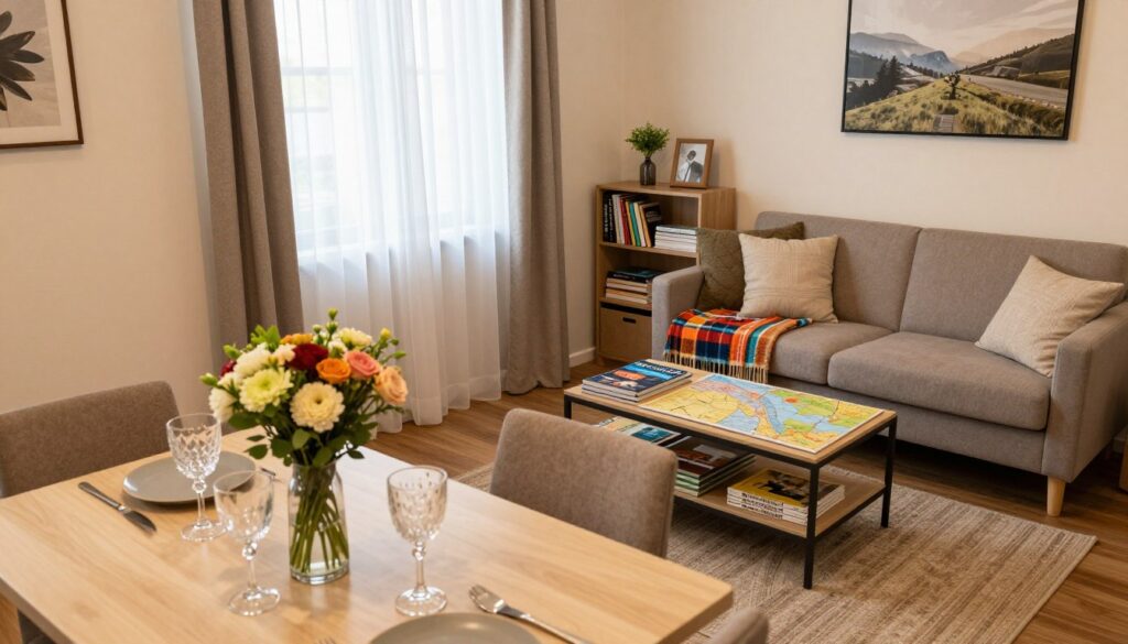 A cozy, well-decorated Airbnb interior showcasing essential items for a vacation rental. In the foreground, a neatly arranged dining table with a welcoming centerpiece—fresh flowers and sparkling glassware. Midground highlights a comfortable living area featuring a stylish sofa, a colorful throw blanket, and a decorative coffee table with travel guides and local maps. A small bookshelf filled with books and board games adds a personal touch. In the background, warm light filters through sheer curtains, creating an inviting atmosphere. Soft textures, warm color palette, and elements like a decorative wall art display evoke a homey feeling, appealing to travelers looking for comfort and convenience. The scene is bright and airy, captured from a slightly elevated angle to encompass the inviting ambiance.