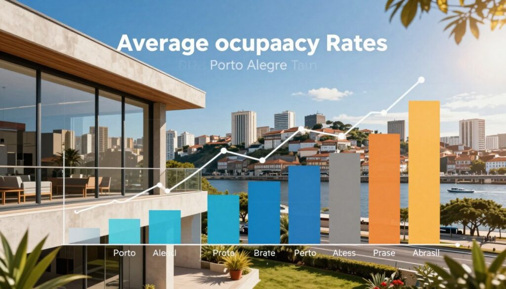 A detailed and vibrant illustration showcasing average occupancy rates and seasonality trends in Porto Alegre, Brazil. In the foreground, a sleek, modern Airbnb property with large windows reflecting the city skyline, emphasizes potential earnings. In the middle, overlaying the scene, graphical elements like line charts and bar graphs depict fluctuating occupancy rates throughout the year, integrating warm and cool color palettes to represent different seasons. The background features iconic Porto Alegre landmarks under a clear blue sky, enhancing the city's charm. The lighting is bright and inviting, simulating a sunny day, with a slight lens flare for a dynamic effect. The mood is optimistic and business-focused, aimed at investors. Include a subtle branding element of "DH Home & Bio" in the composition, ensuring it complements the overall design without overpowering the visuals.
