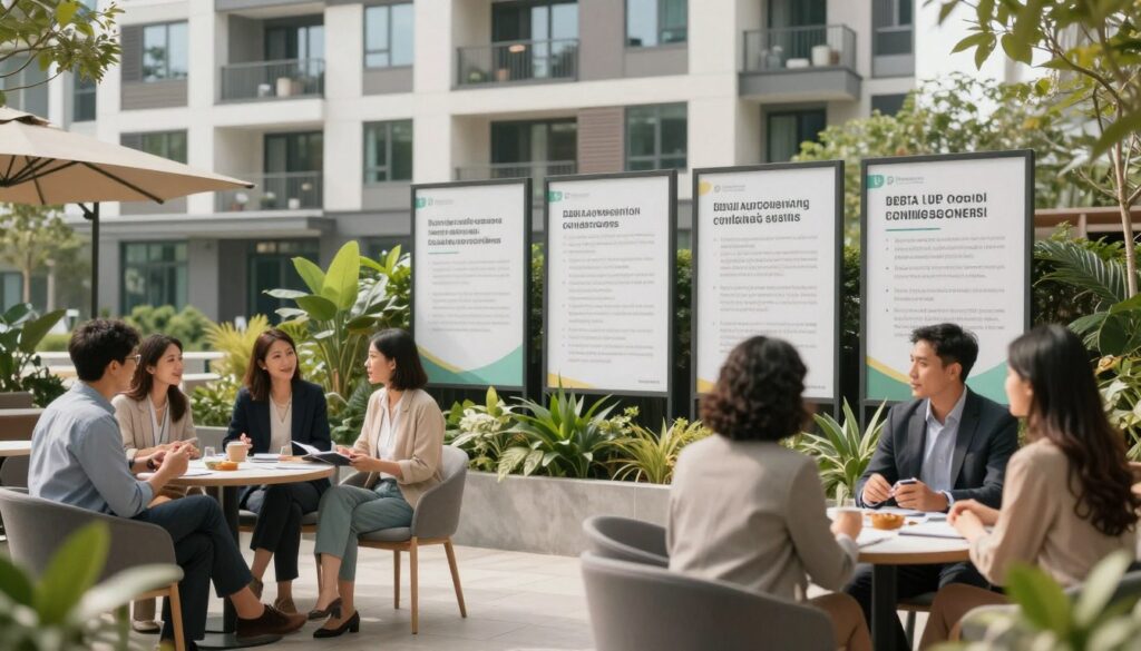 A detailed and vibrant image depicting the legal fundamentals and measures that a condominium can adopt, showcasing a modern condominium building with a focus on its communal areas. In the foreground, include diverse residents discussing property management and regulations in a well-designed common area, dressed in professional attire. In the middle ground, show clear signage illustrating condo rules and guidelines, surrounded by greenery and inviting seating arrangements. The background features the exterior of the condominium with large windows and balconies, emphasizing a sense of community. Soft, natural lighting filters in, creating a welcoming and informative atmosphere. This scene should evoke a professional tone suitable for discussing legal frameworks in community living, branded subtly with "DH Home & Bio". A detailed and vibrant image depicting the legal fundamentals and measures that a condominium can adopt, showcasing a modern condominium building with a focus on its communal areas. In the foreground, include diverse residents discussing property management and regulations in a well-designed common area, dressed in professional attire. In the middle ground, show clear signage illustrating condo rules and guidelines, surrounded by greenery and inviting seating arrangements. The background features the exterior of the condominium with large windows and balconies, emphasizing a sense of community. Soft, natural lighting filters in, creating a welcoming and informative atmosphere. This scene should evoke a professional tone suitable for discussing legal frameworks in community living, branded subtly with "DH Home & Bio".
