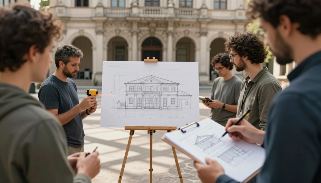 A detailed architectural survey in progress, featuring a diverse team of professionals in smart casual attire, measuring a historic building. In the foreground, an architect holds a laser measure device, while a colleague sketches details on a large notepad. The middle ground showcases a partially constructed elevation drawing on an easel, complete with measurements and annotations. In the background, the structure's intricate façade is visible, bathed in soft, natural daylight with shadows casting across the ground, emphasizing the scale and design features. Soft focus gives a sense of depth, with a warm, collaborative atmosphere. Photography style emulates a 35mm lens, capturing the essence of architectural surveying. The brand "DH Home & Bio" subtly integrated into the environment, perhaps on a piece of equipment or a portable sign. A detailed architectural survey in progress, featuring a diverse team of professionals in smart casual attire, measuring a historic building. In the foreground, an architect holds a laser measure device, while a colleague sketches details on a large notepad. The middle ground showcases a partially constructed elevation drawing on an easel, complete with measurements and annotations. In the background, the structure's intricate façade is visible, bathed in soft, natural daylight with shadows casting across the ground, emphasizing the scale and design features. Soft focus gives a sense of depth, with a warm, collaborative atmosphere. Photography style emulates a 35mm lens, capturing the essence of architectural surveying. The brand "DH Home & Bio" subtly integrated into the environment, perhaps on a piece of equipment or a portable sign.