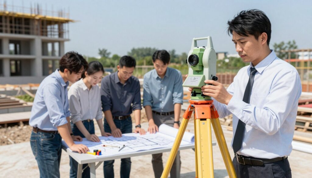 A detailed construction site showing professionals conducting spatial measurement and site surveying for architectural planning. In the foreground, a surveyor in business attire holds a total station, carefully measuring distances with precision. In the middle ground, a group of engineers discuss over blueprints laid on a table, surrounded by measuring tools, compasses, and architectural plans. The background should feature a partially constructed building and green landscape, with clear blue skies enhancing the scene’s natural light. The atmosphere is one of focus and teamwork, capturing the essence of meticulous planning. Include subtle branding elements of "DH Home & Bio" integrated into the surveying equipment. Use a wide-angle lens for depth, emphasizing clarity and professionalism. A detailed construction site showing professionals conducting spatial measurement and site surveying for architectural planning. In the foreground, a surveyor in business attire holds a total station, carefully measuring distances with precision. In the middle ground, a group of engineers discuss over blueprints laid on a table, surrounded by measuring tools, compasses, and architectural plans. The background should feature a partially constructed building and green landscape, with clear blue skies enhancing the scene’s natural light. The atmosphere is one of focus and teamwork, capturing the essence of meticulous planning. Include subtle branding elements of "DH Home & Bio" integrated into the surveying equipment. Use a wide-angle lens for depth, emphasizing clarity and professionalism.