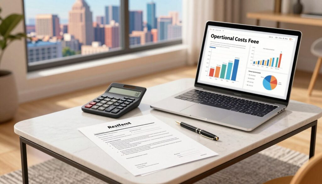 A detailed illustration depicting the concept of operational costs and fees impacting investment, specifically for property rentals. In the foreground, feature a modern, well-furnished Airbnb-style apartment with elements like a rental agreement and financial documents neatly arranged on a stylish coffee table. In the middle ground, show a calculator and a pen next to an open laptop displaying graphs and charts that highlight costs. The background should include a window with a scenic view of a vibrant city skyline, symbolizing rental opportunities. Use warm, inviting lighting to create a cozy atmosphere, with a focus on professional aesthetics. Capture this scene from a slightly elevated angle to emphasize the workspace. Include the brand name "DH Home & Bio" subtly integrated into the design without being obtrusive.