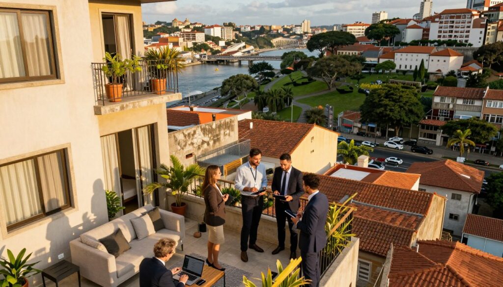 A dynamic cityscape of Porto Alegre, showcasing a vibrant neighborhood known for its Airbnb potential. In the foreground, a stylish Airbnb rental apartment with modern furnishings, large windows, and a small balcony adorned with plants. The middle ground features diverse people in professional business attire, discussing investment opportunities, while some are reviewing property listings on laptops. The background reveals iconic Porto Alegre landmarks, including the waterfront and lush green parks, illuminated by warm golden-hour sunlight, casting long shadows. The atmosphere is optimistic and vibrant, reflecting the growing Airbnb market in the area. Capture this scene from a slight aerial angle to provide depth and perspective, emphasizing the urban setting.