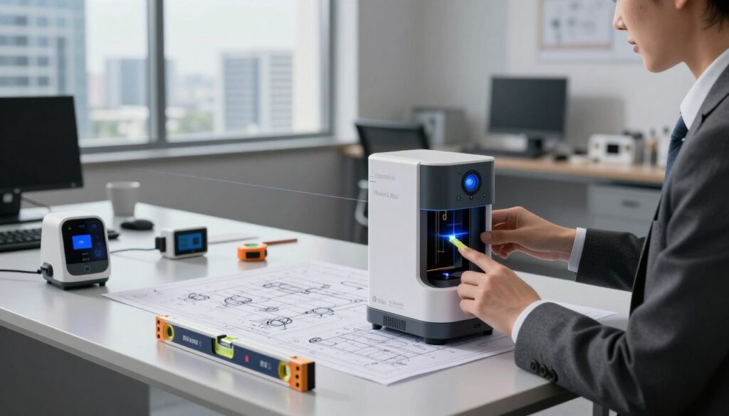 A futuristic workspace showcasing advanced measurement technologies and tools, prominently featuring a high-tech laser scanning device and an advanced digital measuring tape. In the foreground, a professional in business attire operates the device, surrounded by a sleek workstation filled with various instruments like a 3D scanner and digital level. The middle ground highlights a detailed blueprint spread across the desk, illuminated by soft, ambient lighting that creates a focused atmosphere. In the background, large windows reveal a modern urban landscape, hinting at the practical application of these tools in real-life settings. The scene is captured from a slightly angled perspective to emphasize depth, accentuating the precision and sophistication of the measurement tools. The brand "DH Home & Bio" is subtly integrated within the workspace, enhancing the professional and innovative feel of the image. A futuristic workspace showcasing advanced measurement technologies and tools, prominently featuring a high-tech laser scanning device and an advanced digital measuring tape. In the foreground, a professional in business attire operates the device, surrounded by a sleek workstation filled with various instruments like a 3D scanner and digital level. The middle ground highlights a detailed blueprint spread across the desk, illuminated by soft, ambient lighting that creates a focused atmosphere. In the background, large windows reveal a modern urban landscape, hinting at the practical application of these tools in real-life settings. The scene is captured from a slightly angled perspective to emphasize depth, accentuating the precision and sophistication of the measurement tools. The brand "DH Home & Bio" is subtly integrated within the workspace, enhancing the professional and innovative feel of the image.