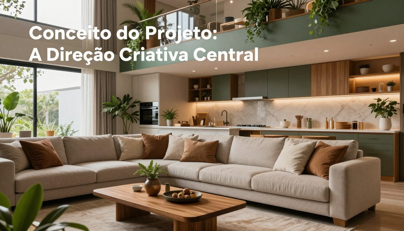A modern and inviting interior space designed for an Airbnb project titled "Conceito do Projeto: A Direção Criativa Central" by DH Home & Bio. The foreground features a stylish living area with a comfortable, contemporary sofa adorned with elegant cushions, a low wooden coffee table, and inviting decorative plants. In the middle, an open kitchen area showcases sleek cabinetry and tasteful, ambient lighting, creating a warm atmosphere. The background includes large windows that allow natural light to flood the space, accentuating the earthy color palette of greens, browns, and soft neutrals. The overall mood is harmonious and sophisticated, capturing a sense of creativity and comfort ideal for guests. The perspective is slightly elevated, offering a panoramic view of the entire room infused with the essence of thoughtful design.