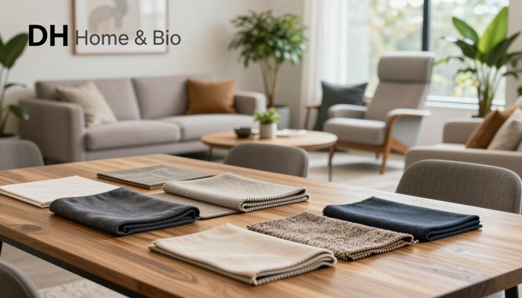 A modern and inviting interior space highlighting the selection of materials that prioritize safety and comfort. In the foreground, a polished wooden table is adorned with samples of durable fabrics and textures, showcasing a variety of colors and patterns. The middle ground features a stylishly furnished lounge area with a plush sofa and ergonomic chairs, all made from high-quality, sustainable materials. The background reveals large windows allowing natural light to flood the room, creating a warm and welcoming atmosphere. Soft, diffused lighting enhances the overall mood, while vibrant greenery from potted plants adds a touch of nature. Capture the essence of "DH Home & Bio" through a contemporary lens with a focus on design and functionality, ensuring a serene and professional feel. A modern and inviting interior space highlighting the selection of materials that prioritize safety and comfort. In the foreground, a polished wooden table is adorned with samples of durable fabrics and textures, showcasing a variety of colors and patterns. The middle ground features a stylishly furnished lounge area with a plush sofa and ergonomic chairs, all made from high-quality, sustainable materials. The background reveals large windows allowing natural light to flood the room, creating a warm and welcoming atmosphere. Soft, diffused lighting enhances the overall mood, while vibrant greenery from potted plants adds a touch of nature. Capture the essence of "DH Home & Bio" through a contemporary lens with a focus on design and functionality, ensuring a serene and professional feel.