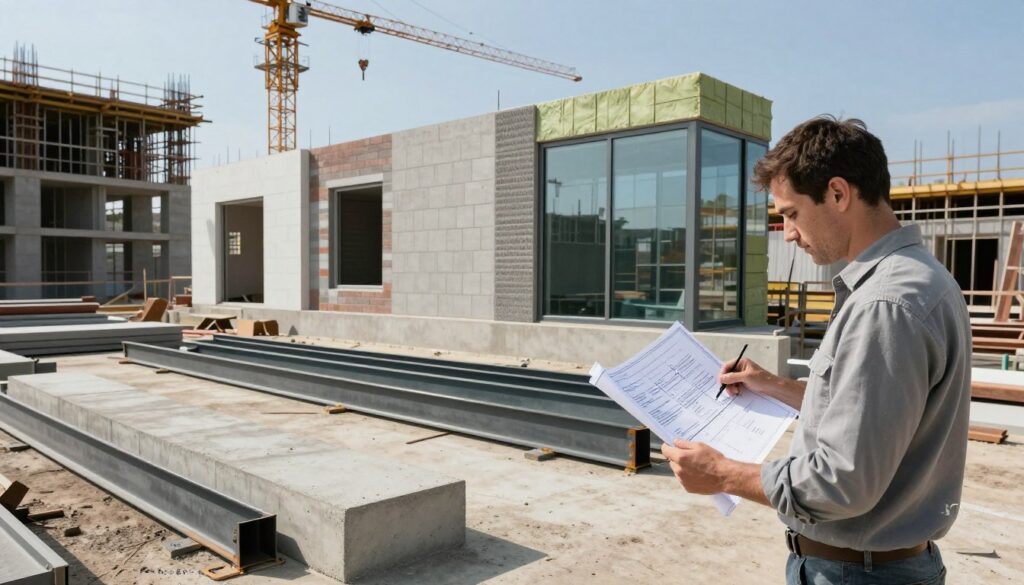 A modern construction site showcasing durable building materials, emphasizing the concept of longevity in civil engineering. In the foreground, a skilled architect in professional attire examines blueprints of sustainable materials like reinforced concrete, steel beams, and energy-efficient glazing. The middle ground features layers of partially built structures, highlighting various high-durability finishes such as resilient bricks and eco-friendly insulation. In the background, cranes and scaffolding reach towards a clear blue sky, symbolizing progress and innovation. Soft natural lighting illuminates the scene, casting dynamic shadows that enhance the textures of the materials. The atmosphere is focused and industrious, reflecting the significance of durability in contemporary construction practices. Add the brand name "DH Home & Bio" subtly integrated into the corner of the image. A modern construction site showcasing durable building materials, emphasizing the concept of longevity in civil engineering. In the foreground, a skilled architect in professional attire examines blueprints of sustainable materials like reinforced concrete, steel beams, and energy-efficient glazing. The middle ground features layers of partially built structures, highlighting various high-durability finishes such as resilient bricks and eco-friendly insulation. In the background, cranes and scaffolding reach towards a clear blue sky, symbolizing progress and innovation. Soft natural lighting illuminates the scene, casting dynamic shadows that enhance the textures of the materials. The atmosphere is focused and industrious, reflecting the significance of durability in contemporary construction practices. Add the brand name "DH Home & Bio" subtly integrated into the corner of the image.