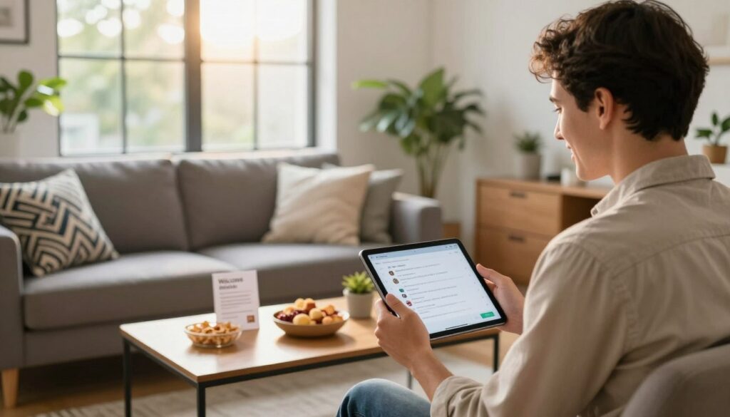 A modern, cozy Airbnb rental living room, designed for guest interaction. In the foreground, a friendly host, dressed in smart casual attire, holds a tablet displaying a message app, ready to communicate with guests. In the middle ground, a stylish sofa with decorative pillows and a coffee table filled with snacks and a welcome brochure. A large window in the background allows warm sunlight to filter in, creating a welcoming atmosphere. Potted plants add a touch of greenery, enhancing the inviting feel. The overall mood is professional yet friendly, showcasing effective guest communication in a vibrant, homey setting. Soft, natural lighting accentuates the space, providing an intimate ambiance. A modern, cozy Airbnb rental living room, designed for guest interaction. In the foreground, a friendly host, dressed in smart casual attire, holds a tablet displaying a message app, ready to communicate with guests. In the middle ground, a stylish sofa with decorative pillows and a coffee table filled with snacks and a welcome brochure. A large window in the background allows warm sunlight to filter in, creating a welcoming atmosphere. Potted plants add a touch of greenery, enhancing the inviting feel. The overall mood is professional yet friendly, showcasing effective guest communication in a vibrant, homey setting. Soft, natural lighting accentuates the space, providing an intimate ambiance.
