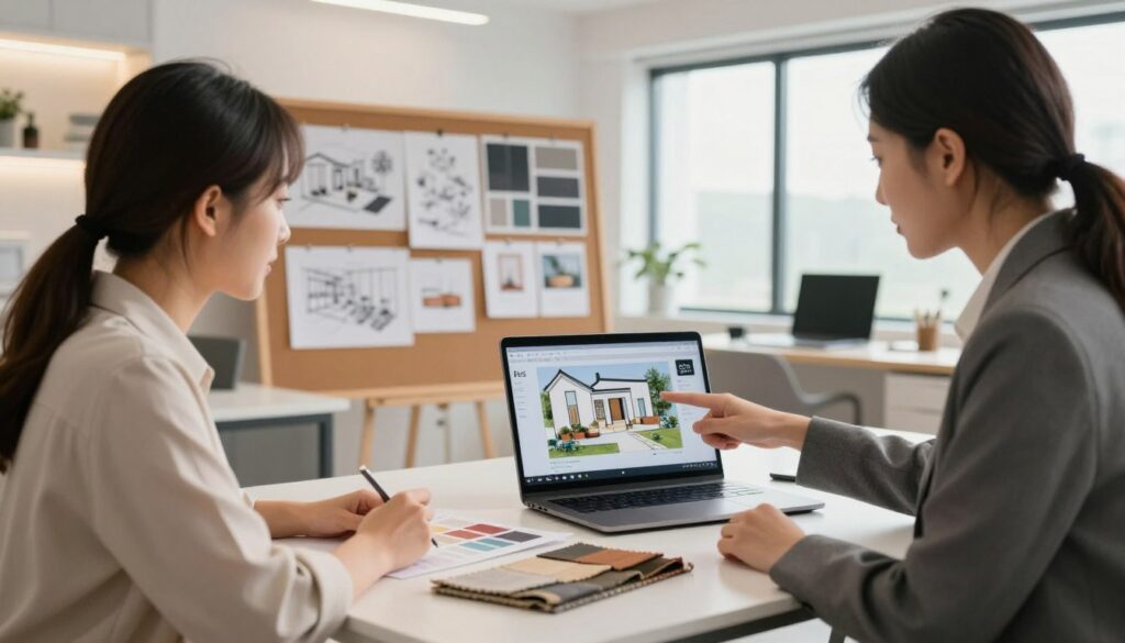 A modern interior design consultation scene featuring a professional meeting between an interior designer and a client. In the foreground, a designer, dressed in smart business attire, is pointing at a laptop screen showing a 3D model of an Airbnb project, demonstrating various design elements. The client, a young professional in modest casual clothing, is attentively reviewing color swatches and fabric samples arranged on a sleek table. The middle ground includes mood boards with sketches and samples pinned to a corkboard, creating an atmosphere of creativity. The background showcases a well-lit design studio with large windows, allowing natural light to illuminate the space, further enhanced by soft, warm ambient lighting. The brand name "DH Home & Bio" is subtly incorporated into the design elements on the table. The overall mood is professional, collaborative, and inspiring. A modern interior design consultation scene featuring a professional meeting between an interior designer and a client. In the foreground, a designer, dressed in smart business attire, is pointing at a laptop screen showing a 3D model of an Airbnb project, demonstrating various design elements. The client, a young professional in modest casual clothing, is attentively reviewing color swatches and fabric samples arranged on a sleek table. The middle ground includes mood boards with sketches and samples pinned to a corkboard, creating an atmosphere of creativity. The background showcases a well-lit design studio with large windows, allowing natural light to illuminate the space, further enhanced by soft, warm ambient lighting. The brand name "DH Home & Bio" is subtly incorporated into the design elements on the table. The overall mood is professional, collaborative, and inspiring.