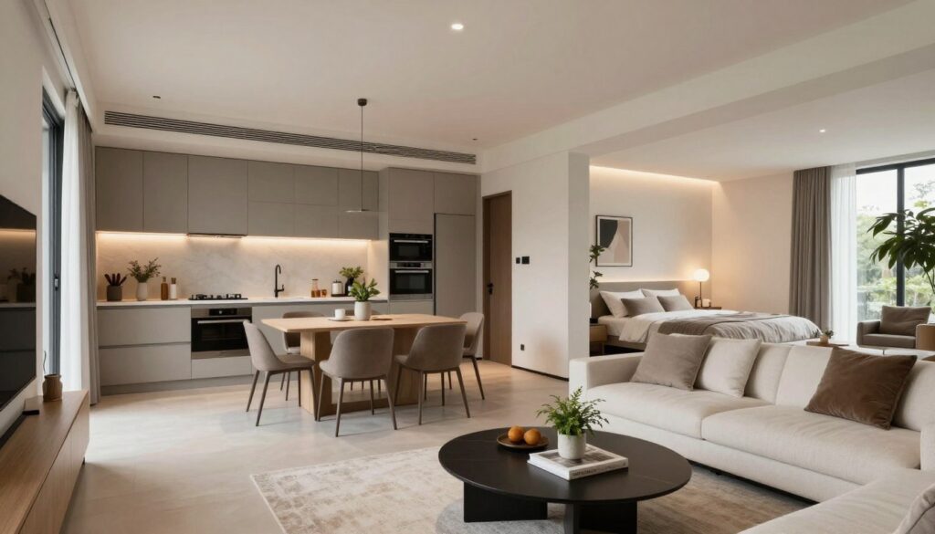 A modern interior layout study showcasing the functional organization of spaces for an Airbnb project by DH Home & Bio. In the foreground, a sleek, well-designed lounge area with minimalist furniture, a stylish coffee table, and indoor plants. The middle ground features an open kitchen with high-end appliances and a dining area that encourages social interaction, accented by warm, inviting lighting. In the background, a cozy bedroom with soft lighting and tasteful décor, creating a sense of tranquility. The atmosphere is bright and contemporary, reflecting a harmonious blend of comfort and functionality. Use natural light from large windows to enhance the inviting mood, captured with a wide-angle lens for a comprehensive view. A modern interior layout study showcasing the functional organization of spaces for an Airbnb project by DH Home & Bio. In the foreground, a sleek, well-designed lounge area with minimalist furniture, a stylish coffee table, and indoor plants. The middle ground features an open kitchen with high-end appliances and a dining area that encourages social interaction, accented by warm, inviting lighting. In the background, a cozy bedroom with soft lighting and tasteful décor, creating a sense of tranquility. The atmosphere is bright and contemporary, reflecting a harmonious blend of comfort and functionality. Use natural light from large windows to enhance the inviting mood, captured with a wide-angle lens for a comprehensive view.