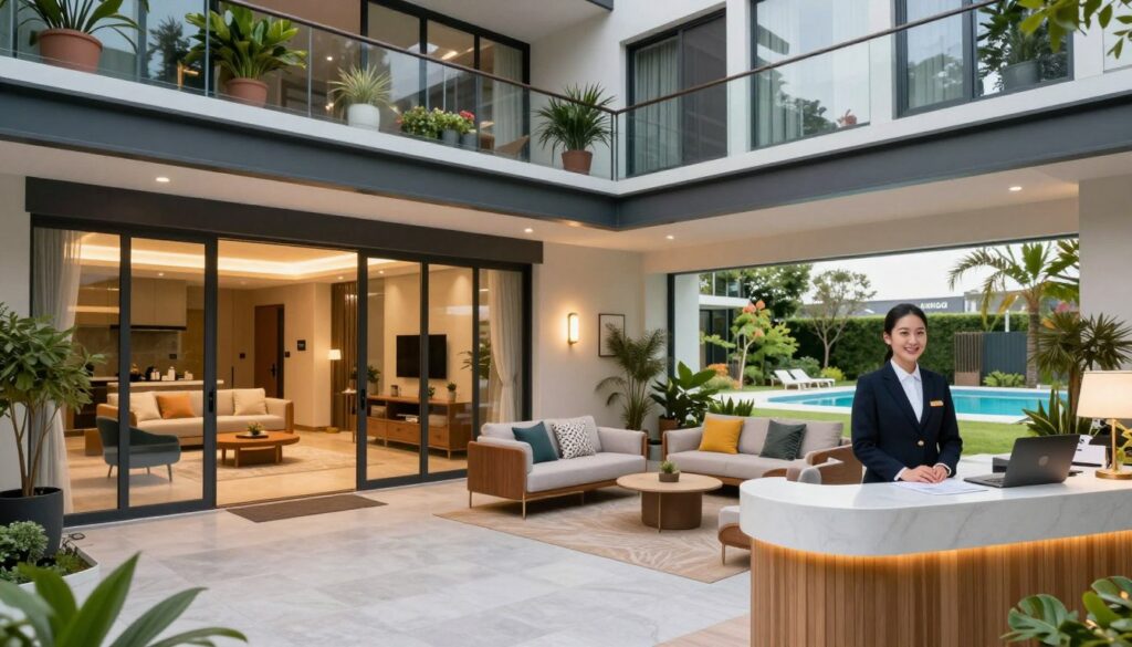 A modern residential condominium exterior showcasing short-term rental options, featuring a stylish entrance with large glass doors and a balcony adorned with potted plants. In the foreground, a neatly arranged reception area with a friendly staff member in professional attire welcoming guests. The middle ground illustrates a spacious lounge with contemporary furniture, comfortable seating, and vibrant decor. Elegant ambient lighting creates a warm and inviting atmosphere. In the background, large windows reveal a scenic view of landscaped gardens and a swimming pool, emphasizing relaxation and community. The image should reflect the concept of short-term stays in residential condominiums, offering a sense of comfort and modernity. Include the brand name "DH Home & Bio" subtly integrated into the design. A modern residential condominium exterior showcasing short-term rental options, featuring a stylish entrance with large glass doors and a balcony adorned with potted plants. In the foreground, a neatly arranged reception area with a friendly staff member in professional attire welcoming guests. The middle ground illustrates a spacious lounge with contemporary furniture, comfortable seating, and vibrant decor. Elegant ambient lighting creates a warm and inviting atmosphere. In the background, large windows reveal a scenic view of landscaped gardens and a swimming pool, emphasizing relaxation and community. The image should reflect the concept of short-term stays in residential condominiums, offering a sense of comfort and modernity. Include the brand name "DH Home & Bio" subtly integrated into the design.