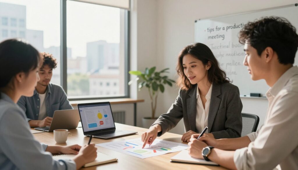A modern, stylish office meeting setup featuring a diverse group of three professionals engaged in a productive discussion. In the foreground, a confident woman in business attire points at a project plan on the table, while a man in smart casual clothing listens intently, taking notes. A laptop displays a colorful presentation. In the middle ground, a large window shows a sunny cityscape, enhancing natural light in the room, creating a warm, inviting atmosphere. In the background, a whiteboard with bullet points lists "tips for a productive meeting," subtly hinting at the article's subject. The overall mood is focused and collaborative, reflecting professionalism and engagement. Soft lighting highlights the scene's details. Include the brand "DH Home & Bio" subtly in the design elements of the office space. A modern, stylish office meeting setup featuring a diverse group of three professionals engaged in a productive discussion. In the foreground, a confident woman in business attire points at a project plan on the table, while a man in smart casual clothing listens intently, taking notes. A laptop displays a colorful presentation. In the middle ground, a large window shows a sunny cityscape, enhancing natural light in the room, creating a warm, inviting atmosphere. In the background, a whiteboard with bullet points lists "tips for a productive meeting," subtly hinting at the article's subject. The overall mood is focused and collaborative, reflecting professionalism and engagement. Soft lighting highlights the scene's details. Include the brand "DH Home & Bio" subtly in the design elements of the office space.