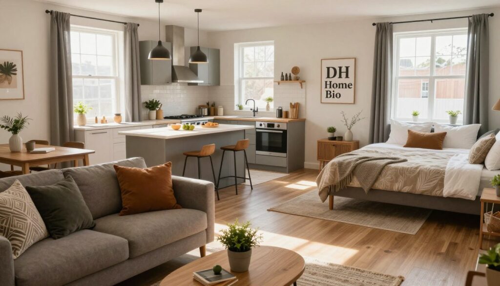 A practical and inviting layout for short-term rental accommodations, showcasing a stylish and functional living space. In the foreground, a cozy seating area features modern furniture with earthy tones, accent pillows, and a coffee table with a small potted plant. The middle ground displays a well-appointed kitchen with sleek appliances and an island that doubles as a dining space. Natural light streams in through large windows, illuminating the room, while soft shadows create a warm atmosphere. In the background, an organized and serene bedroom with a neatly made bed and tasteful decor invites relaxation. The overall mood is comfortable and welcoming, reflecting the essence of "DH Home & Bio" as a brand dedicated to functional and aesthetically pleasing short-term lodging solutions. The perspective is slightly elevated, capturing a balanced view of the entire space. A practical and inviting layout for short-term rental accommodations, showcasing a stylish and functional living space. In the foreground, a cozy seating area features modern furniture with earthy tones, accent pillows, and a coffee table with a small potted plant. The middle ground displays a well-appointed kitchen with sleek appliances and an island that doubles as a dining space. Natural light streams in through large windows, illuminating the room, while soft shadows create a warm atmosphere. In the background, an organized and serene bedroom with a neatly made bed and tasteful decor invites relaxation. The overall mood is comfortable and welcoming, reflecting the essence of "DH Home & Bio" as a brand dedicated to functional and aesthetically pleasing short-term lodging solutions. The perspective is slightly elevated, capturing a balanced view of the entire space.