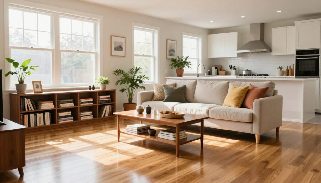 A pristine, well-organized living space, showcasing immaculate cleanliness. In the foreground, a gleaming hardwood floor reflects soft, natural sunlight streaming through large windows. The middle section features a neatly arranged living area, with a plush sofa adorned with colorful throw pillows, a polished coffee table displaying a few tasteful decorative items, and a tidy bookshelf filled with neatly stacked books. In the background, a bright kitchen can be seen, with spotless countertops, shiny appliances, and fresh potted plants for a touch of life. The atmosphere conveys a sense of tranquility and welcoming comfort, with warm, inviting lighting that enhances the cleanliness and orderliness of the space. The angle captures the room in a wide shot, emphasizing spaciousness and attention to detail.