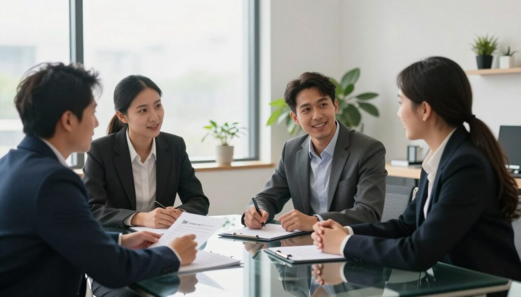 A professional and engaging setting for a first meeting between a client and a consultant. In the foreground, a diverse group of three business professionals—two men and one woman—sit around a sleek glass conference table. They are dressed in smart business attire, showing enthusiasm while discussing important paperwork. The middle ground features a large window with soft, natural light pouring in, illuminating the scene. In the background, a minimalistic office space with plants and modern decor creates a welcoming atmosphere. The mood is collaborative and focused, emphasizing the significance of this initial interaction. A subtle branding element of “DH Home & Bio” can be seen on a document on the table, hinting at the company's identity without dominating the composition. A professional and engaging setting for a first meeting between a client and a consultant. In the foreground, a diverse group of three business professionals—two men and one woman—sit around a sleek glass conference table. They are dressed in smart business attire, showing enthusiasm while discussing important paperwork. The middle ground features a large window with soft, natural light pouring in, illuminating the scene. In the background, a minimalistic office space with plants and modern decor creates a welcoming atmosphere. The mood is collaborative and focused, emphasizing the significance of this initial interaction. A subtle branding element of “DH Home & Bio” can be seen on a document on the table, hinting at the company's identity without dominating the composition.