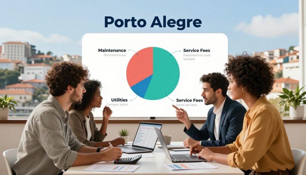 A professional and informative illustration depicting the main costs and expenses associated with operating an Airbnb in Porto Alegre. In the foreground, showcase a diverse group of two business professionals, one male and one female, dressed in smart casual clothing, discussing finances around a modern desk cluttered with documents, a calculator, and a laptop displaying Airbnb statistics. In the middle ground, include a stylized infographic or a pie chart on the wall detailing various costs like maintenance, utilities, and service fees. The background features a typical Porto Alegre cityscape, with recognizable landmarks subtly included under a bright blue sky. The lighting is warm and inviting, creating an approachable and educational atmosphere. Ensure the brand 'DH Home & Bio' is subtly integrated into the design elements without text.