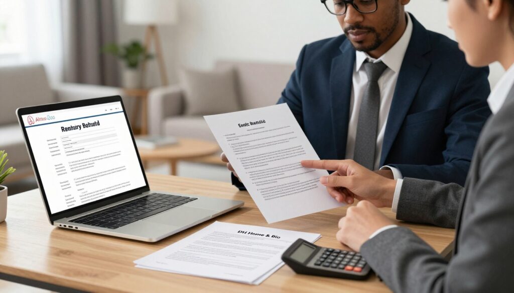 A professional and informative illustration that conveys the legal and regulatory aspects of renting properties on Airbnb. The foreground features a well-organized desk with a laptop displaying a rental listing, legal documents, and a calculator, symbolizing preparation and analysis. In the middle ground, a person in smart professional attire, a diverse individual, reviews guidelines with a focused expression, ensuring compliance. The background showcases a blurred view of a cozy, stylish apartment interior that represents an ideal rental space. Soft, natural lighting illuminates the scene, creating a welcoming and serious atmosphere. The overall mood is structured yet inviting, emphasizing the importance of understanding legal requirements. Include the brand name "DH Home & Bio" on a visible document on the desk, enhancing credibility and branding.