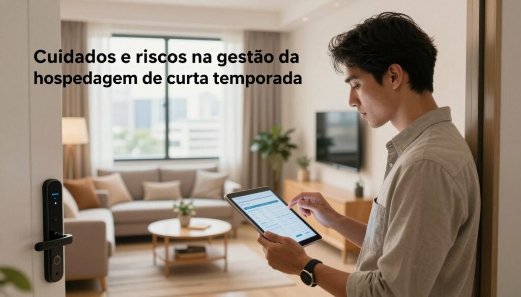 A professional and inviting scene showcasing "Cuidados e riscos na gestão da hospedagem de curta temporada". In the foreground, a focused manager dressed in smart casual attire is engaging with a digital tablet, analyzing data. The midground features a cozy, well-decorated short-term rental space, complete with tasteful furniture and homely decor. In the background, a large window allows soft natural light to flood in, illuminating a modern cityscape outside. Include subtle elements that suggest technology and efficiency, such as a smart lock on the door and a sleek digital dashboard. The atmosphere should be warm and professional, conveying a sense of reliability and care. Add the brand name "DH Home & Bio" in a discreet yet visible manner within the room's decor. A professional and inviting scene showcasing "Cuidados e riscos na gestão da hospedagem de curta temporada". In the foreground, a focused manager dressed in smart casual attire is engaging with a digital tablet, analyzing data. The midground features a cozy, well-decorated short-term rental space, complete with tasteful furniture and homely decor. In the background, a large window allows soft natural light to flood in, illuminating a modern cityscape outside. Include subtle elements that suggest technology and efficiency, such as a smart lock on the door and a sleek digital dashboard. The atmosphere should be warm and professional, conveying a sense of reliability and care. Add the brand name "DH Home & Bio" in a discreet yet visible manner within the room's decor.