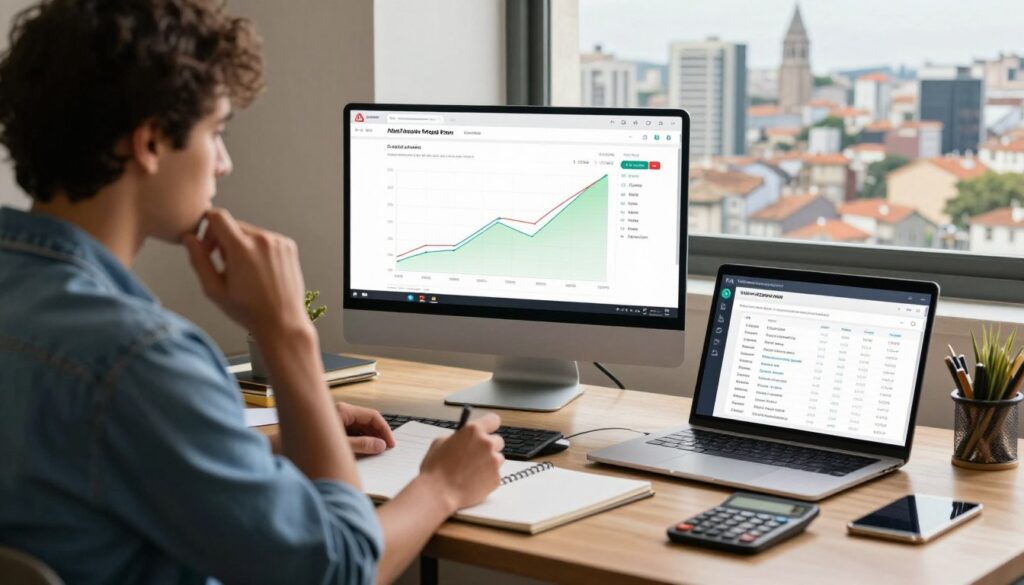 A professional and inviting workspace in Porto Alegre, featuring a large desk with a laptop displaying Airbnb profit calculation spreadsheets. In the foreground, a person in smart casual attire thoughtfully examines rental data, accompanied by a notepad and calculator. The middle layer showcases a detailed, color-coded graph illustrating potential earnings from Airbnb listings in the city. In the background, a window reveals a view of Porto Alegre’s skyline with recognizable landmarks. Soft, natural light illuminates the scene, creating a warm, encouraging atmosphere suitable for someone analyzing potential Airbnb profits. Branding elements subtly incorporate "DH Home & Bio" within the workspace. The overall mood is focused and optimistic, reflecting business success.