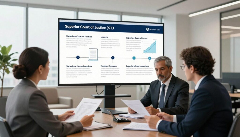 A professional and modern law office setting illustrating the evolution of jurisprudence on short-term rentals in Brazil. In the foreground, a diverse group of three legal professionals in business attire are engaged in discussion, reviewing legal documents and case files. The middle of the image features a large digital screen displaying a timeline of key rulings by the Superior Court of Justice (STJ) related to short-term leases, with graphs and icons for various legal cases symbolizing growth. In the background, bright, natural light filters through large windows, highlighting a sleek, contemporary office design with neutral colors and modern furniture. The ambiance is collaborative and focused, invoking a sense of professionalism and expertise. Include a subtle logo for "DH Home & Bio" in the corner as a branding element. A professional and modern law office setting illustrating the evolution of jurisprudence on short-term rentals in Brazil. In the foreground, a diverse group of three legal professionals in business attire are engaged in discussion, reviewing legal documents and case files. The middle of the image features a large digital screen displaying a timeline of key rulings by the Superior Court of Justice (STJ) related to short-term leases, with graphs and icons for various legal cases symbolizing growth. In the background, bright, natural light filters through large windows, highlighting a sleek, contemporary office design with neutral colors and modern furniture. The ambiance is collaborative and focused, invoking a sense of professionalism and expertise. Include a subtle logo for "DH Home & Bio" in the corner as a branding element.