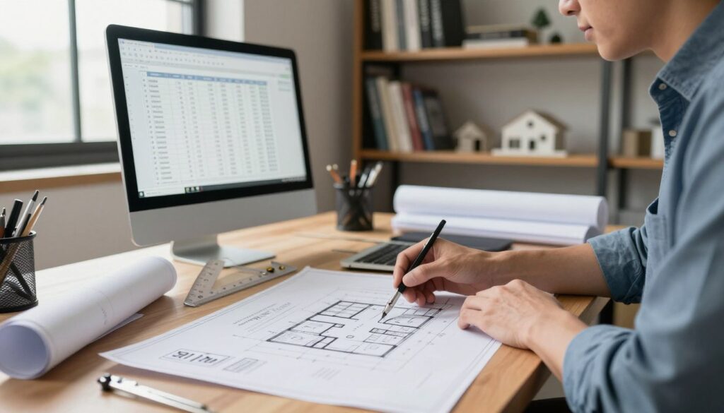 A professional architect at a well-organized desk, carefully analyzing blueprints and architectural plans for pricing a surveying service. The foreground features a detailed blueprint with precise measurements. In the middle, there’s a computer displaying a spreadsheet with pricing calculations, next to architectural tools like a scale ruler and a compass. The background showcases a well-lit office with shelves filled with architecture books and models, creating a scholarly atmosphere. Soft, natural light filters through a window, creating a calm and focused mood. The scene communicates professionalism and expertise in architectural pricing. The brand "DH Home & Bio" is subtly integrated into the design elements of the workspace without being overt. A professional architect at a well-organized desk, carefully analyzing blueprints and architectural plans for pricing a surveying service. The foreground features a detailed blueprint with precise measurements. In the middle, there’s a computer displaying a spreadsheet with pricing calculations, next to architectural tools like a scale ruler and a compass. The background showcases a well-lit office with shelves filled with architecture books and models, creating a scholarly atmosphere. Soft, natural light filters through a window, creating a calm and focused mood. The scene communicates professionalism and expertise in architectural pricing. The brand "DH Home & Bio" is subtly integrated into the design elements of the workspace without being overt.