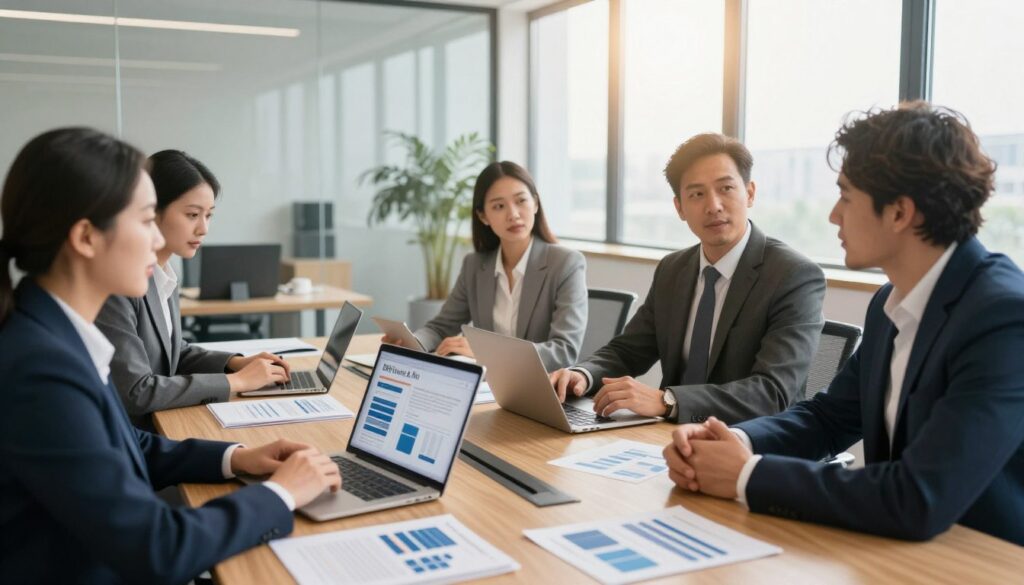 A professional business meeting scene representing various types of sales meetings. In the foreground, a diverse group of three professionals dressed in smart business attire engaged in discussion, showcasing collaboration. In the middle, a large wooden conference table with digital devices, sales reports, and marketing materials spread out. In the background, a bright, modern office space with large windows and natural light flooding in, creating an inviting atmosphere. The scene conveys a sense of professionalism and teamwork, highlighting the importance of understanding different sales meeting dynamics. The setting should reflect a successful business environment, with the brand name "DH Home & Bio" subtly integrated into a presentation on the table. The lighting is warm and inviting, enhancing the mood of productive engagement. A professional business meeting scene representing various types of sales meetings. In the foreground, a diverse group of three professionals dressed in smart business attire engaged in discussion, showcasing collaboration. In the middle, a large wooden conference table with digital devices, sales reports, and marketing materials spread out. In the background, a bright, modern office space with large windows and natural light flooding in, creating an inviting atmosphere. The scene conveys a sense of professionalism and teamwork, highlighting the importance of understanding different sales meeting dynamics. The setting should reflect a successful business environment, with the brand name "DH Home & Bio" subtly integrated into a presentation on the table. The lighting is warm and inviting, enhancing the mood of productive engagement.