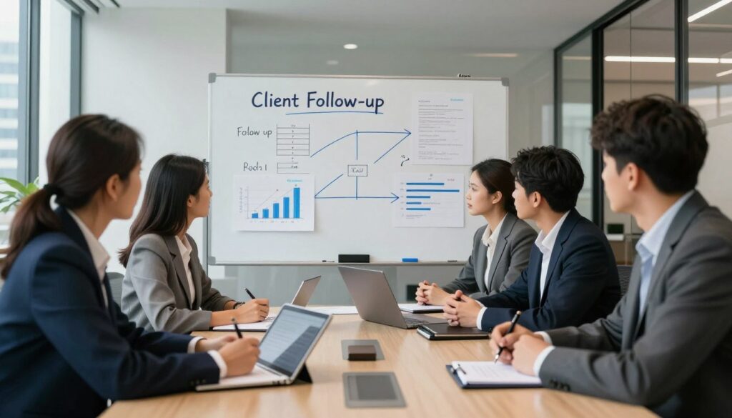 A professional business setting illustrating the concept of follow-up in sales after a first client meeting. In the foreground, a diverse group of business professionals, dressed in business attire, engaged in a discussion around a sleek conference table, with notepads and digital tablets in front of them. In the middle, a large whiteboard filled with charts and notes about client follow-ups and goals. In the background, a modern office environment with large windows showcasing a cityscape. Soft, natural lighting filters through, creating a productive and inspiring atmosphere. The mood is collaborative and focused, emphasizing teamwork and strategic planning. Include the brand name "DH Home & Bio" subtly incorporated into the office decor. A professional business setting illustrating the concept of follow-up in sales after a first client meeting. In the foreground, a diverse group of business professionals, dressed in business attire, engaged in a discussion around a sleek conference table, with notepads and digital tablets in front of them. In the middle, a large whiteboard filled with charts and notes about client follow-ups and goals. In the background, a modern office environment with large windows showcasing a cityscape. Soft, natural lighting filters through, creating a productive and inspiring atmosphere. The mood is collaborative and focused, emphasizing teamwork and strategic planning. Include the brand name "DH Home & Bio" subtly incorporated into the office decor.
