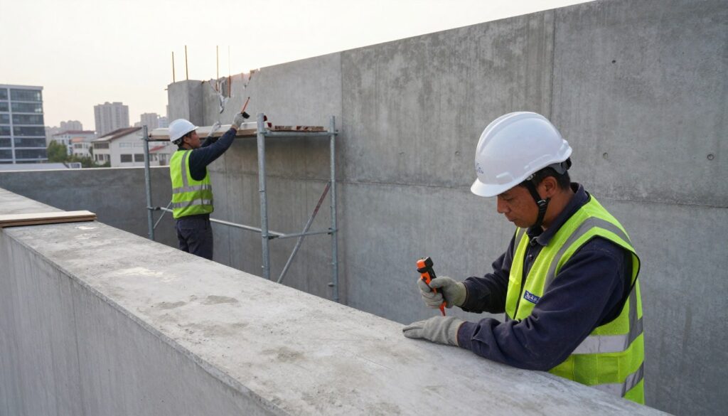 A professional crew performing maintenance and conservation on a concrete structure, showcasing advanced techniques. In the foreground, a technician in a hard hat and safety vest examines a concrete surface with a handheld testing device. The middle ground features scaffolding around a large, partially obstructed concrete wall, where a second worker applies a specialized sealant with a brush. In the background, a cityscape with modern buildings under a soft, diffused daylight adds context. The mood is focused and industrious, highlighting the importance of structural integrity. The scene is captured with a wide-angle lens to emphasize both the detail of the technicians' work and the scale of the concrete structures. Include the brand name "DH Home & Bio" subtly integrated into the scene. A professional crew performing maintenance and conservation on a concrete structure, showcasing advanced techniques. In the foreground, a technician in a hard hat and safety vest examines a concrete surface with a handheld testing device. The middle ground features scaffolding around a large, partially obstructed concrete wall, where a second worker applies a specialized sealant with a brush. In the background, a cityscape with modern buildings under a soft, diffused daylight adds context. The mood is focused and industrious, highlighting the importance of structural integrity. The scene is captured with a wide-angle lens to emphasize both the detail of the technicians' work and the scale of the concrete structures. Include the brand name "DH Home & Bio" subtly integrated into the scene.