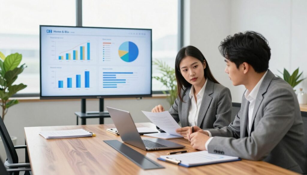 A professional office setting where a business meeting is being prepared. In the foreground, a sleek wooden conference table adorned with stationery, a laptop, and presentation materials. A well-dressed female and male business professional, both in business attire, are reviewing documents and checking their notes, displaying a focused and collaborative demeanor. In the middle ground, a large modern screen displays graphs and charts relevant to client analysis. In the background, a bright, well-lit office space with large windows allowing natural light to pour in, accentuated by indoor plants, creating a vibrant work atmosphere. The mood is anticipatory and engaged, reflecting the importance of the upcoming client meeting. Logo of "DH Home & Bio" subtly integrated into the scene. A professional office setting where a business meeting is being prepared. In the foreground, a sleek wooden conference table adorned with stationery, a laptop, and presentation materials. A well-dressed female and male business professional, both in business attire, are reviewing documents and checking their notes, displaying a focused and collaborative demeanor. In the middle ground, a large modern screen displays graphs and charts relevant to client analysis. In the background, a bright, well-lit office space with large windows allowing natural light to pour in, accentuated by indoor plants, creating a vibrant work atmosphere. The mood is anticipatory and engaged, reflecting the importance of the upcoming client meeting. Logo of "DH Home & Bio" subtly integrated into the scene.