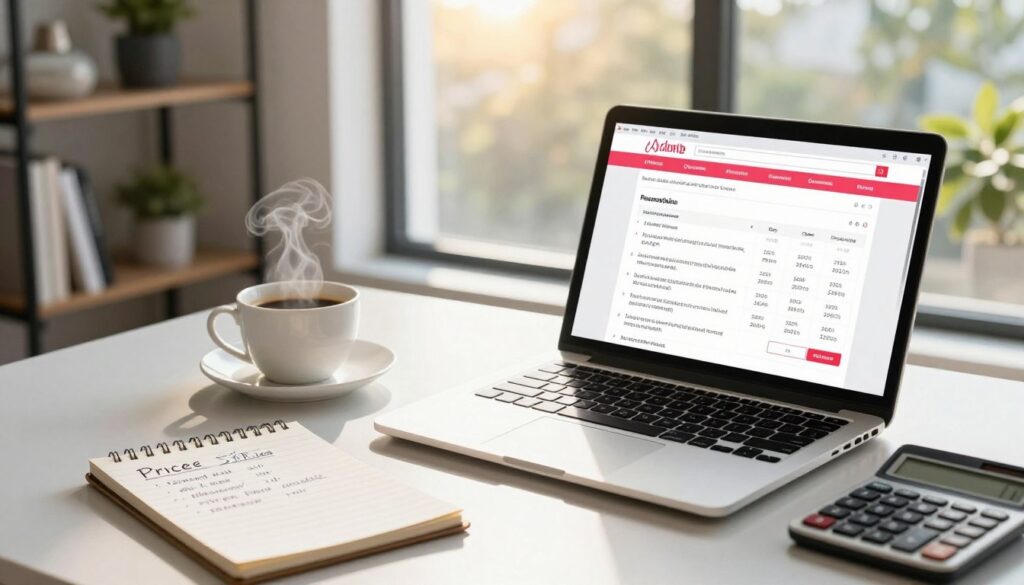 A professional setting showcasing a sleek desk with a laptop displaying an Airbnb listing page. In the foreground, a notepad with handwritten notes on pricing strategies and a calculator are placed beside a steaming cup of coffee. In the middle, a large window reveals a sunny day outside, casting warm, natural light that enhances the inviting atmosphere. A chart showing competitive rental prices is subtly visible on the laptop screen. In the background, a stylish bookshelf filled with real estate books and decorative items adds a touch of sophistication. The overall mood is focused and optimistic, perfect for aspiring Airbnb hosts looking to set competitive prices. The composition should be from a slightly elevated angle for depth. A professional setting showcasing a sleek desk with a laptop displaying an Airbnb listing page. In the foreground, a notepad with handwritten notes on pricing strategies and a calculator are placed beside a steaming cup of coffee. In the middle, a large window reveals a sunny day outside, casting warm, natural light that enhances the inviting atmosphere. A chart showing competitive rental prices is subtly visible on the laptop screen. In the background, a stylish bookshelf filled with real estate books and decorative items adds a touch of sophistication. The overall mood is focused and optimistic, perfect for aspiring Airbnb hosts looking to set competitive prices. The composition should be from a slightly elevated angle for depth.