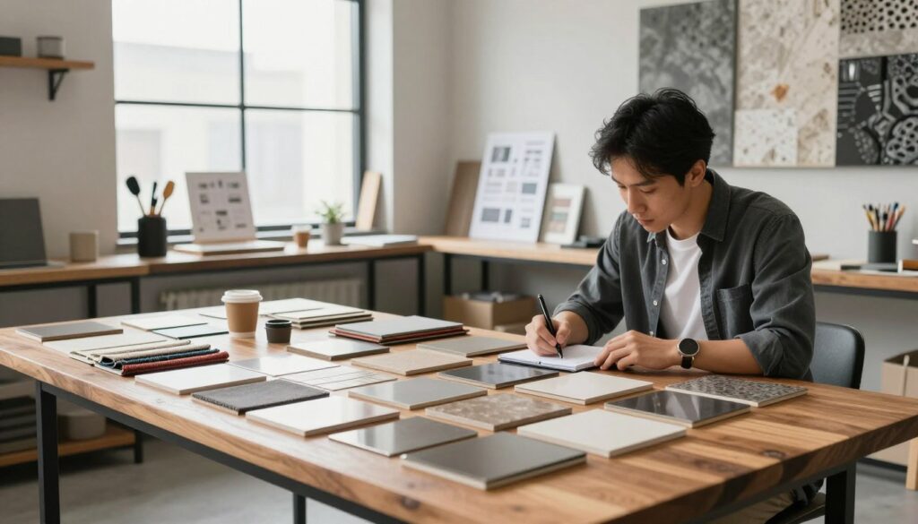 A professional workspace showcasing strategies for ensuring quality in material selection and application. In the foreground, a polished wooden table displays a variety of durable material samples like fabric swatches, tiles, and metal finishes. A focused individual wearing professional attire examines the samples, taking notes. In the middle ground, a large window allows natural light to illuminate the room, revealing tools and design plans neatly arranged on shelves. The background features modern wall art that reflects industrial themes, incorporating elements like textured finishes or patterns. The atmosphere is one of calm productivity and attention to detail. The image should evoke a sense of expertise and thoughtful planning, representing DH Home & Bio's commitment to quality. A professional workspace showcasing strategies for ensuring quality in material selection and application. In the foreground, a polished wooden table displays a variety of durable material samples like fabric swatches, tiles, and metal finishes. A focused individual wearing professional attire examines the samples, taking notes. In the middle ground, a large window allows natural light to illuminate the room, revealing tools and design plans neatly arranged on shelves. The background features modern wall art that reflects industrial themes, incorporating elements like textured finishes or patterns. The atmosphere is one of calm productivity and attention to detail. The image should evoke a sense of expertise and thoughtful planning, representing DH Home & Bio's commitment to quality.