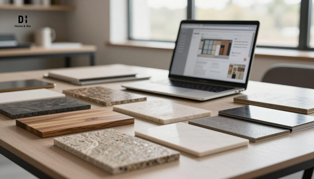 A sleek, modern workspace featuring a table cluttered with samples of high-durability materials like wood, stone, and metal finishes. In the foreground, an elegantly arranged set of various material swatches, showcasing textures and colors that symbolize longevity and quality. The middle of the scene includes a laptop displaying architectural designs, highlighting the integration of these materials. In the background, soft natural light filters through large windows, casting a warm glow that suggests a professional yet inviting atmosphere. The overall mood is focused and inspiring, conveying the importance of thoughtful material selection. The style should evoke a contemporary aesthetic, embodying sophistication and practicality, with the logo "DH Home & Bio" subtly integrated into the workspace decor. A sleek, modern workspace featuring a table cluttered with samples of high-durability materials like wood, stone, and metal finishes. In the foreground, an elegantly arranged set of various material swatches, showcasing textures and colors that symbolize longevity and quality. The middle of the scene includes a laptop displaying architectural designs, highlighting the integration of these materials. In the background, soft natural light filters through large windows, casting a warm glow that suggests a professional yet inviting atmosphere. The overall mood is focused and inspiring, conveying the importance of thoughtful material selection. The style should evoke a contemporary aesthetic, embodying sophistication and practicality, with the logo "DH Home & Bio" subtly integrated into the workspace decor.